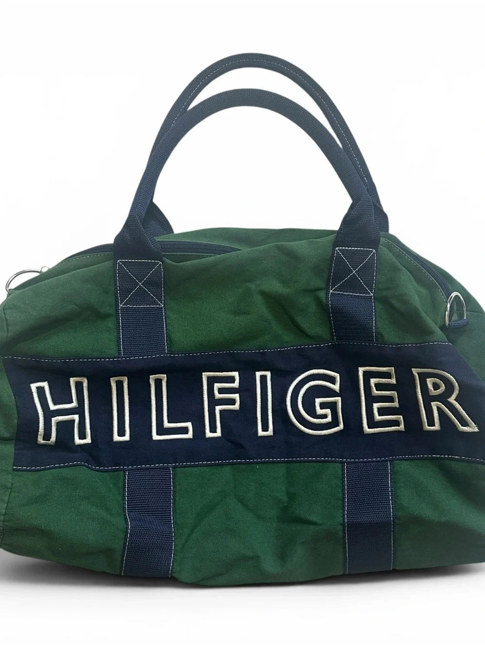 Tommy Hilfiger Green and Navy Canvas Weekend Duffel Y2K